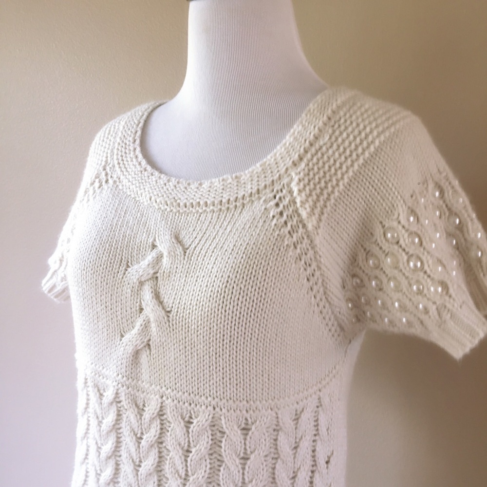 Cream Mixed Stitch Pearl Knit Tunic Sweater Dress